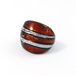 Vintage Brown Silver & Black Stripes Art Glass Domed Shimmery Wide Chunky Ring